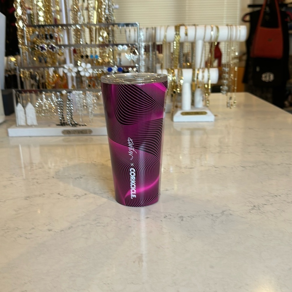 Karim x Corkcicle magenta and black swirl 16oz tumbler